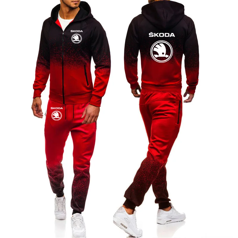 

Hoodies Men Skoda Car Logo Print Casual Harajuku Gradient color Hooded Fleece zipper Jacket Sweatshirt Sweatpants Suit 2pcs