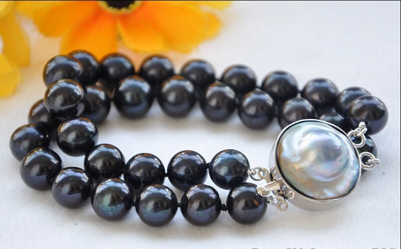

A LUSTER 2ROW 8" 12mm ROUND BLACK FRESHWATER PEARL BRACELET MABE Z5690