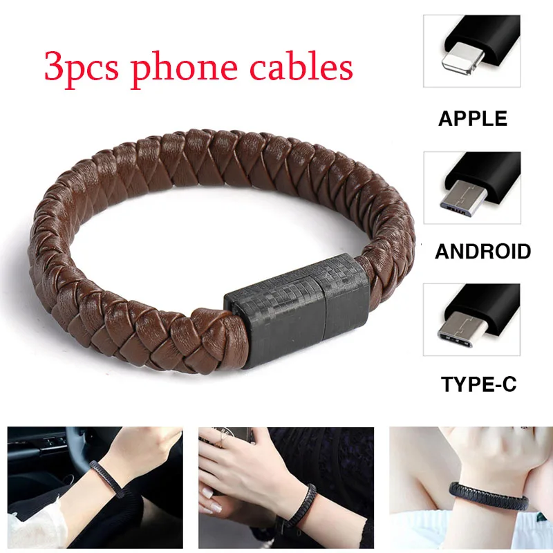 3 шт. Плетеный USB кабель для зарядки кожаный браслет зарядный телефона зарядное