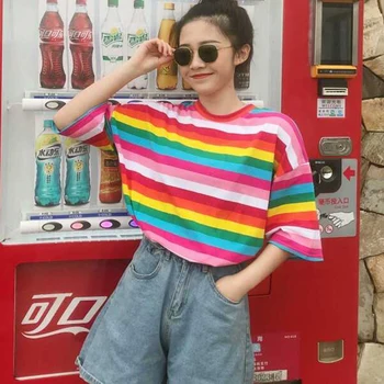 

New Streetwear Rainbow Casual Color Rainbow Sleeve Top Half Shirt Women T-shirt Striped Loose Tee T Stripes Summer