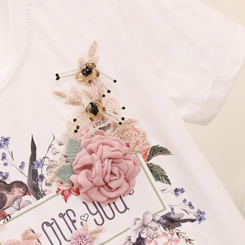 Летняя женская футболка с цветочной вышивкой и птицами, хлопковая футболка, топы
