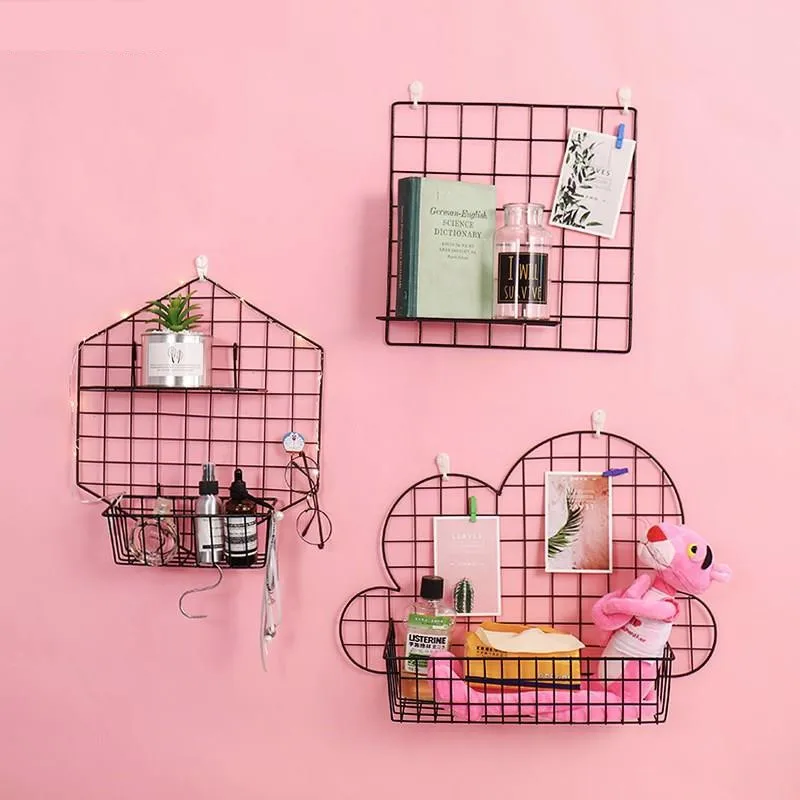

Metal Mesh Storage Rack Creative DIY Grid Wall Hanging Photos Pictures Postcard Holders Pink Girl Room Iron Decoration Shelves