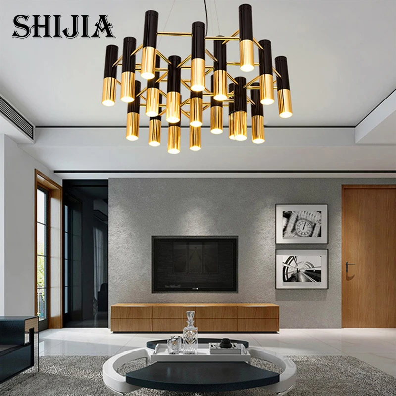 

Nordic Postmodern Minimalist Black Gold Pipe Personalized LED Chandelier Restaurant Kitchen Cafe Decorative Lighting Lamps