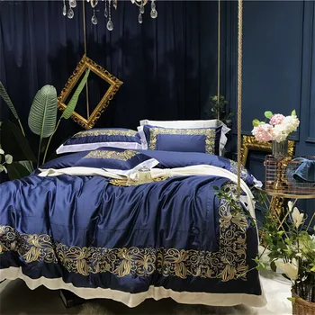 

Luxury Blue 100S Egyptian cotton Royal Bedding Set Queen King Gold Embroidery Duvet cover Bed Sheet Bed Linen Pillowcases 4pcs