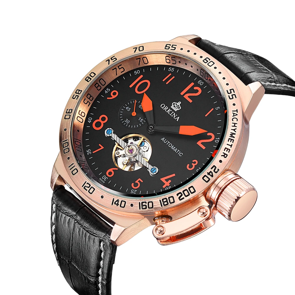 Механические Мужские часы ORKINA Skeleton Tourbillon, автоматические, классические, розовое золото, кожа, механические наручные часы, Reloj Hombre - Цвет: 11