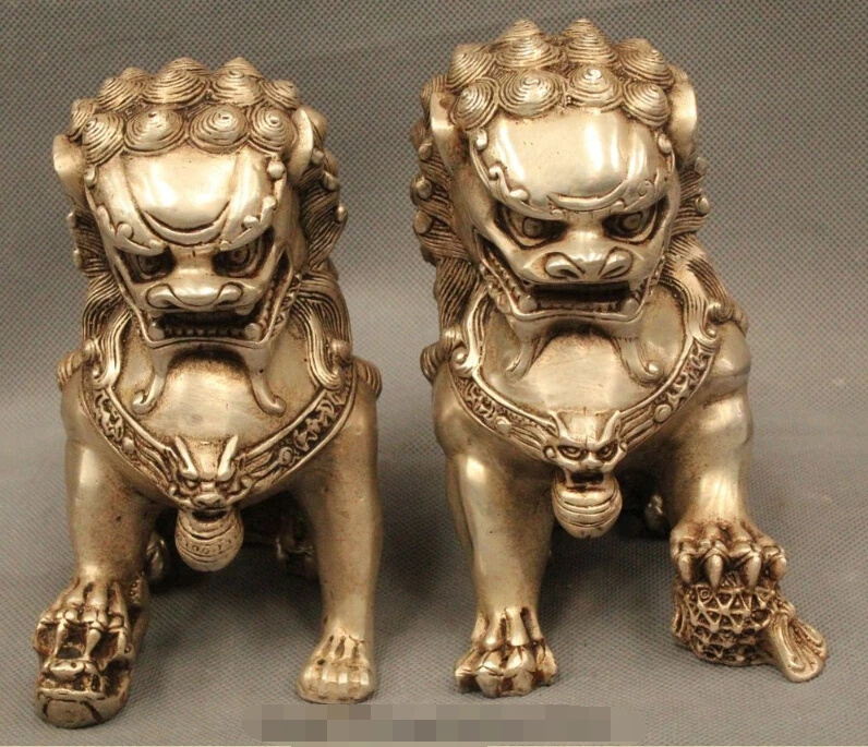 

6" Chinese Feng shui Folk Silver Animal Fu Foo Dog Lion Statue Pair