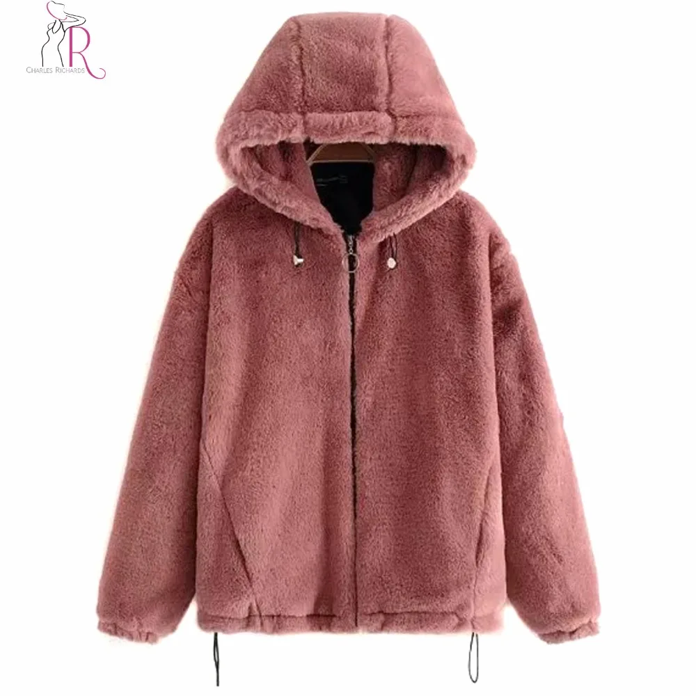 Pink And Black Zip Front Long Sleeve Faux Fur Hooded Jacket Coat Women