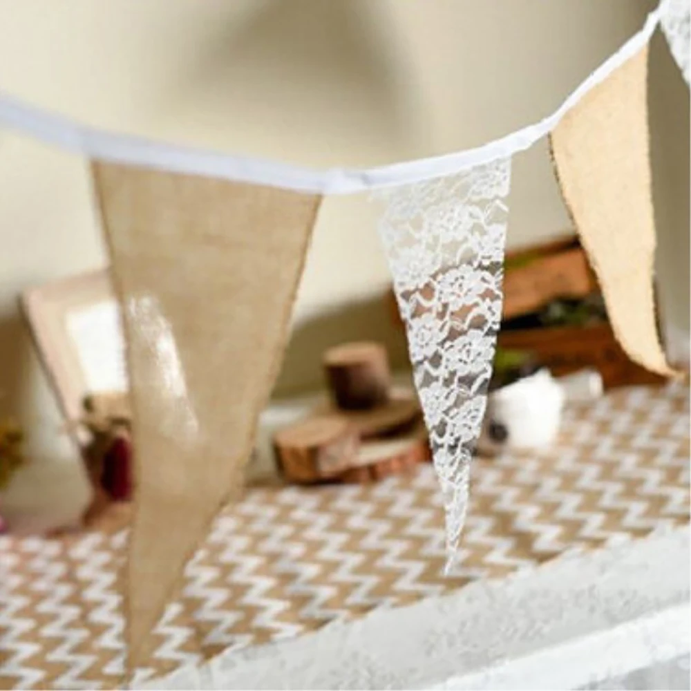 

12 Flags 3M Burlap Flower Lace Banner Bunting Rustic Country Wedding Shower Christening Party Banner Pennant Flags