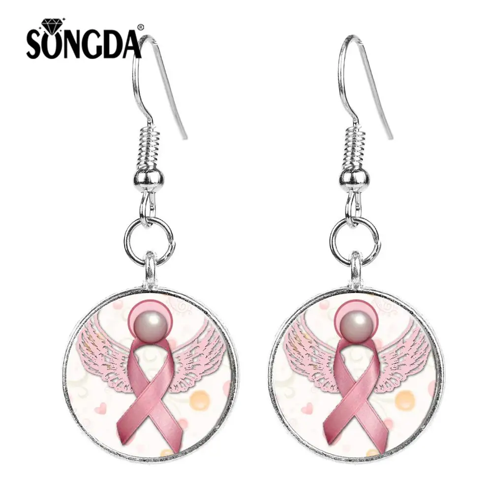 

SONGDA Charm Pink Ribbon Earrings Breast Cancer Awareness Glass Time Gem Silver Bronze Plated Earrings for Women Survive Jewelry