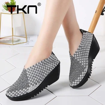 

2019 Autumn Women Platform Sneakers Womens Casual Flats Elastic Shoes Loafers Woven Shoes Thick Heel Slip on Shoes Woman 866