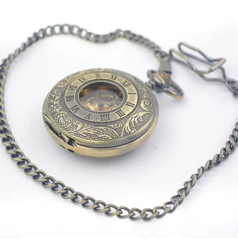 Римские цифры Скелет наручные часы в стиле стимпанк карманные часы с цепочкой 2 стороны открытый корпус роскошные часы Механические карманные часы