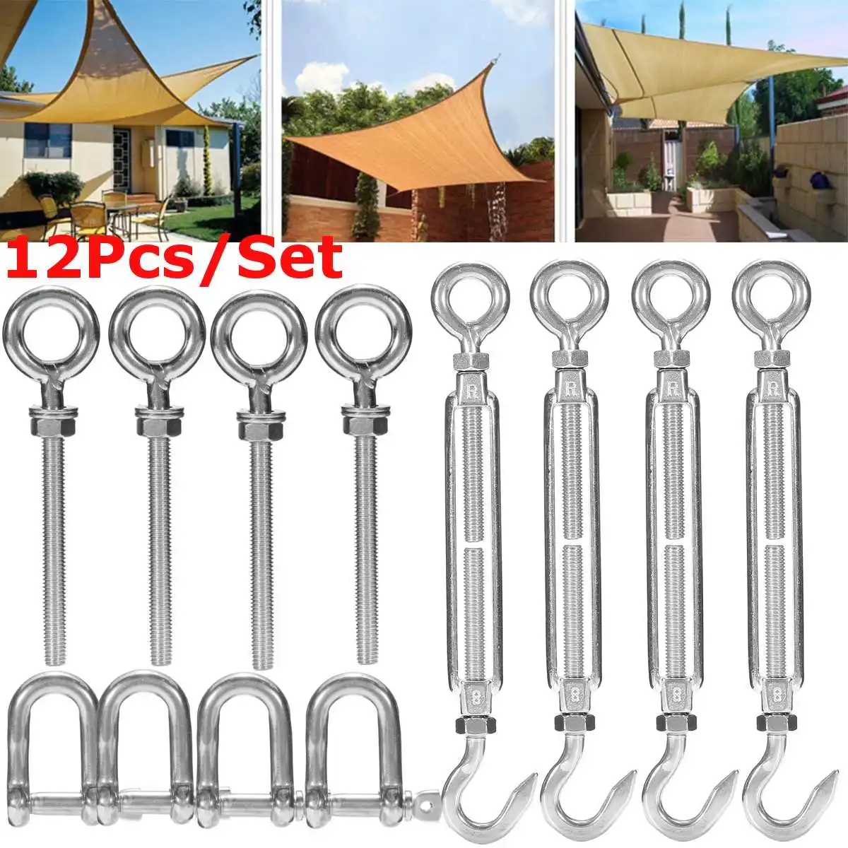 

12Pcs Stainless Steel Sun Sail Shade Accessories Garden Canopy Fixing Fittings Hardware Shade Sail Replacement Fitting Tools