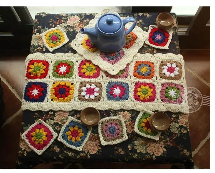 

Handmade Crochet Wool Tablecloths Table cloth Coasters Teapot mat Colorful Table Runner Insulation pad 8 Pieces One set