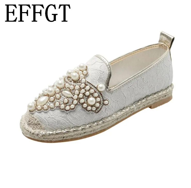 

EFFGT 2019 Spring Autumn single shoes Loafer Round Toe espadrilles Pearl Comfortable Hemp Bottom Women Flats Shoes Slip On