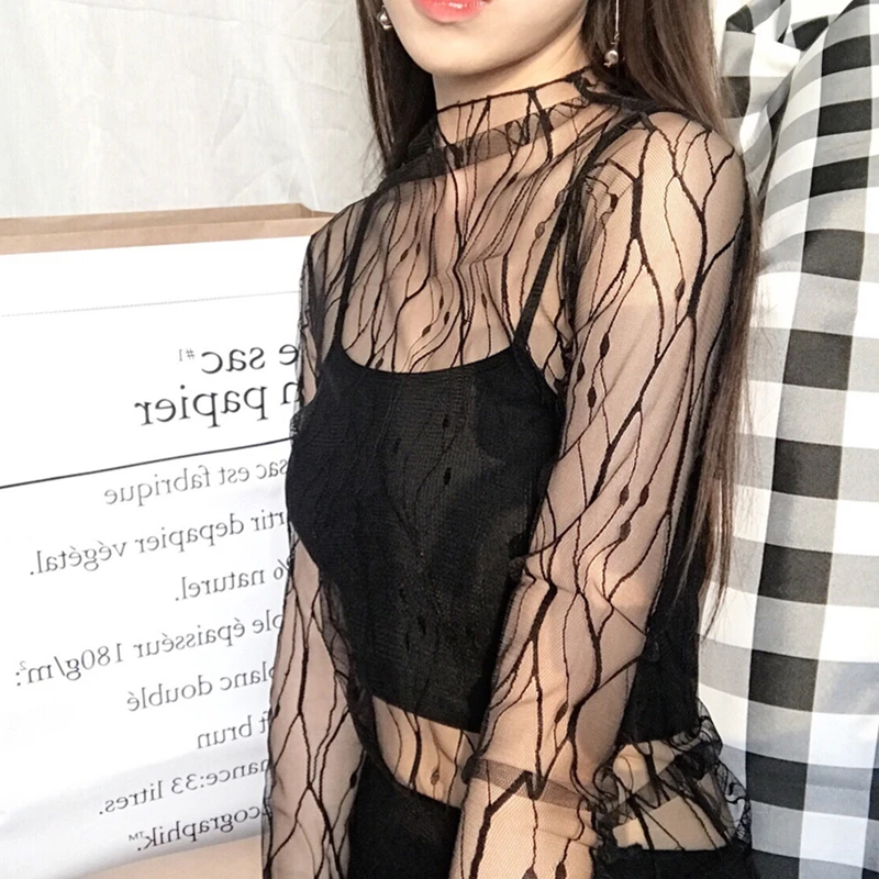 

Women Sexy Mesh Net See Through T Shirt Hollow Transparent Undershirt Night Club Lace Tops Camisas Femininas Clubwear