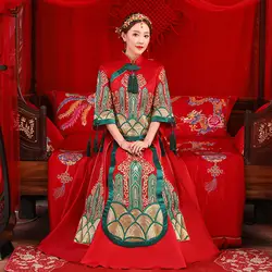 Новая мода Благородный Ретро Китайский Для женщин невесты платье Ципао Длинные свадебные красный зеленый Qipao нежный Вышивка Cheongsam Размеры