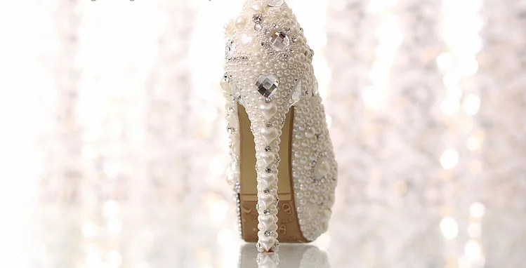 7_Pearl Diamond White Bridal Wedding Shoes Red Platform Super High Heels Woman Elegant Free Shipping Size 40