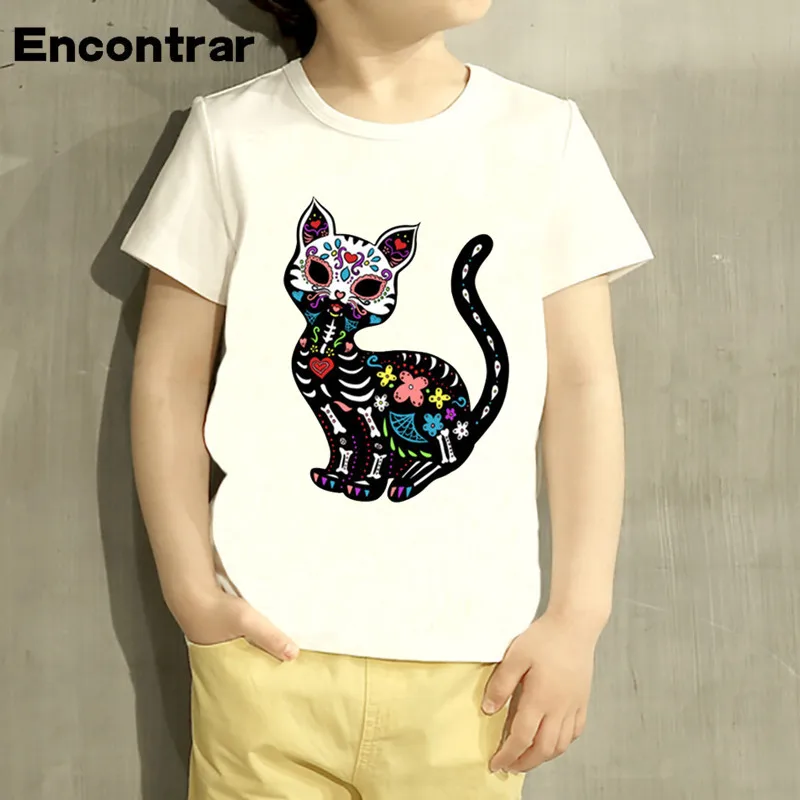 Детская футболка с рисунком кота, сахарного черепа, детская одежда с животными для мальчиков и девочек, белые футболки, HKP2051