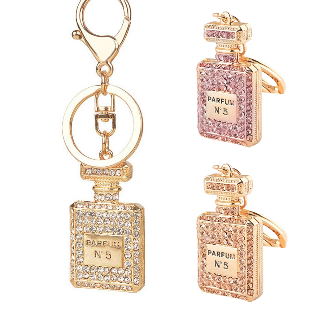 2017 New Design charm Crystal perfume bottle keychain fashion gold plated key chain ring holder women