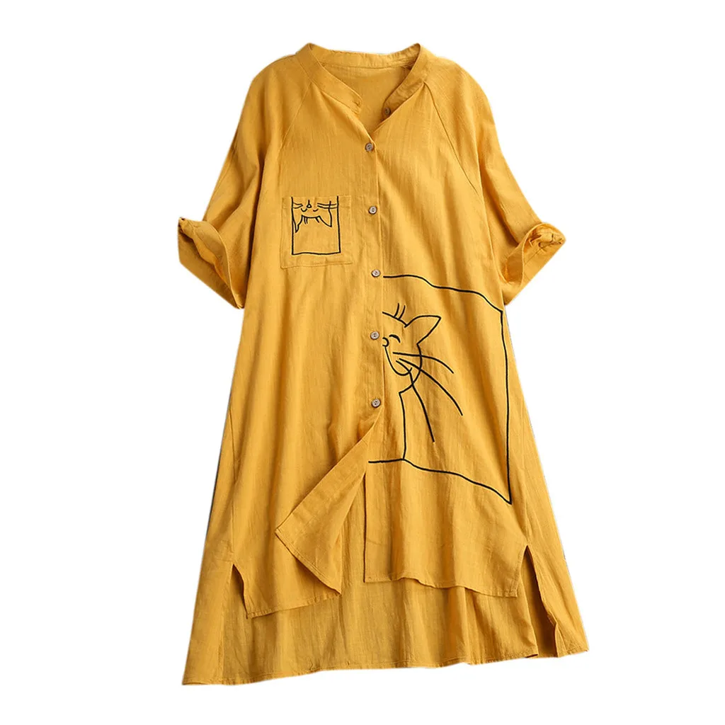 Ftitong льняная женская блузка большого размера, Женская свободная льняная блузка, винтажная блуза с карманами и принтом кота, блуза mujer de moda