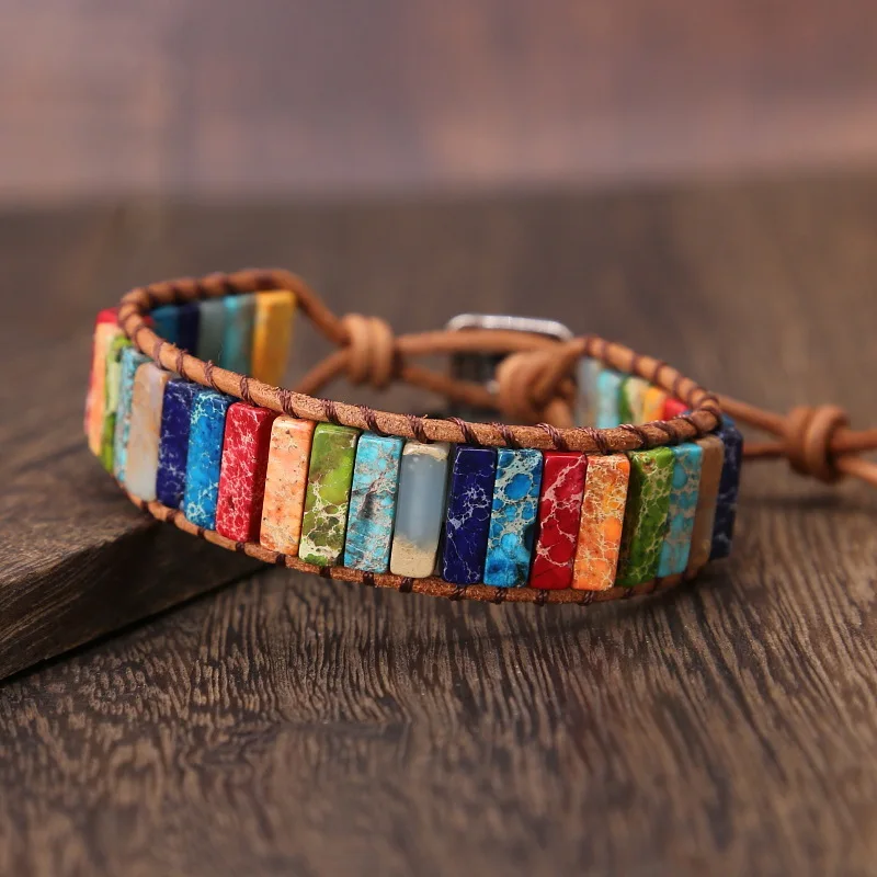 

Chakra Bracelet Leather Wrap Colorful Boho Handmade Bracelet Natural Stone Wrap Single Wrap Ethnic Adjustable Bracelet Wristband