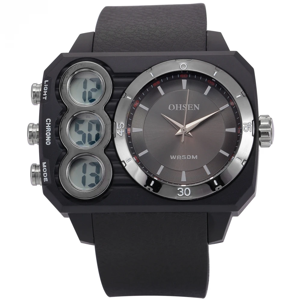 

OHSEN Black Oversized Case Analog Calendar Alarm Chronograph Quartz Rubber Band kol saati Digital Outside Sport Men Watch/OHS237
