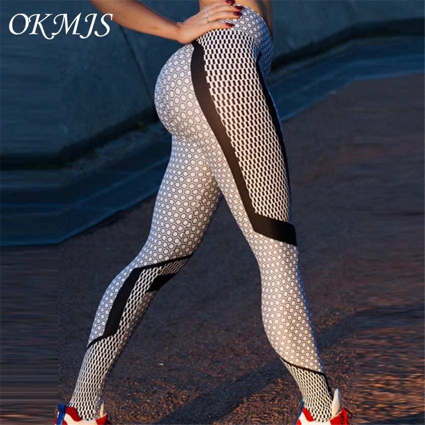 

2019 New Black And White Honeycomb Printed Women's Leggings High Waist Pants Push Up Fitness Leggings Elastic Slim Jeggings