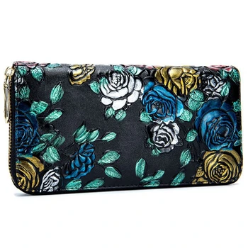 

Fashion Embossing Rose Flower Women Wallet Genuine Leather Female Long Purse Floral Print Women Zipper Clutch Wallet Party Bag