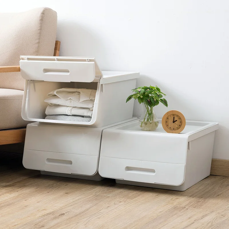 

Large Flip Cover Wardrobe Organizer Box Dustproof Stackable Clothes Sundries Plastic Finishing Box Home Snacks Toy Storage Box