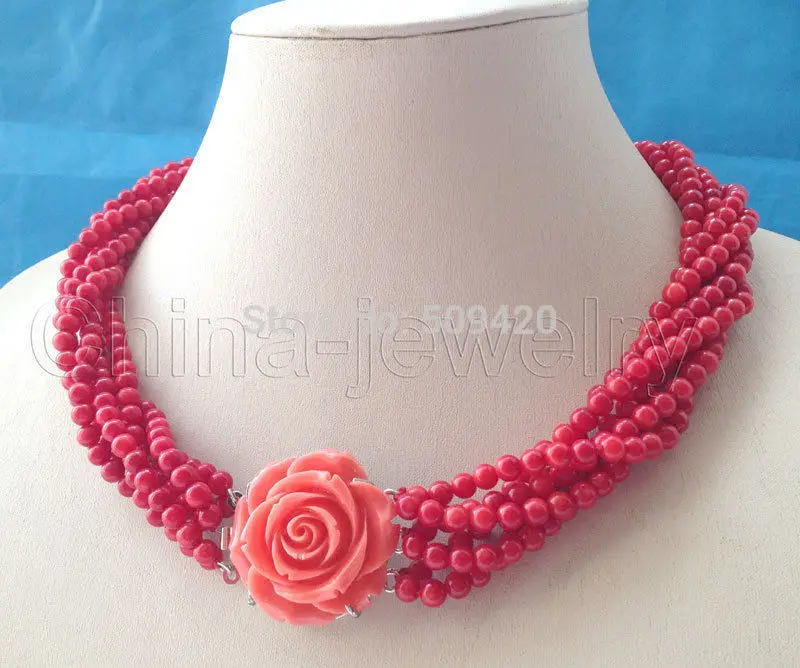 

W&O655 >>>>Beautiful 18" 6row 5mm round red coral necklace #@