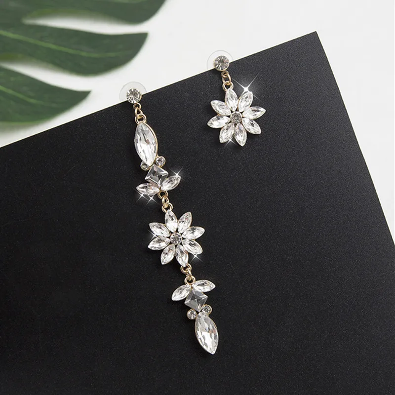 

Luxury Rhinestone Flower Asymmetry Long Drop Dangle Earrings Jewelry for Women Statement Temperament Party Pendientes 5A2033