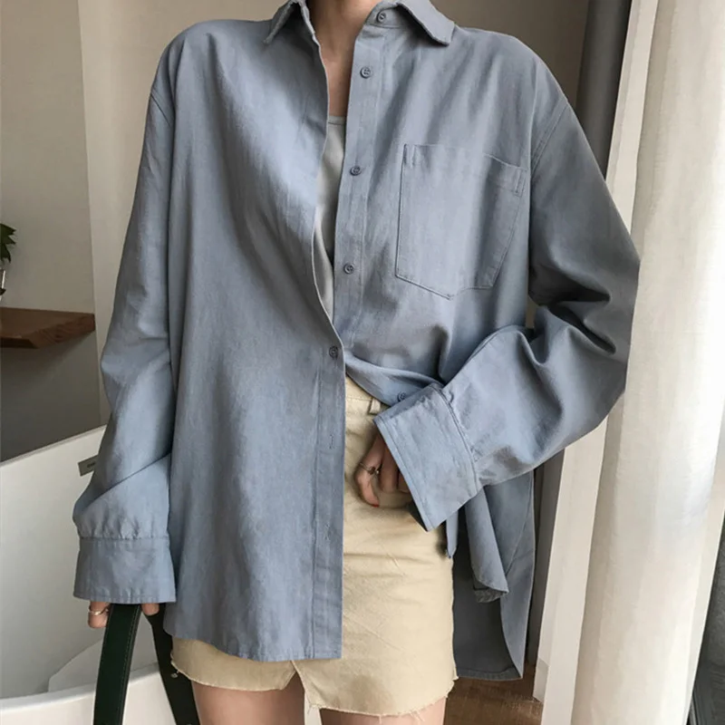 

Cotton Linen Oversized Women Shirt Top Solid White Long Sleeve Office Lady Shirts Female Summer Turn Down Collar Loose Blouses
