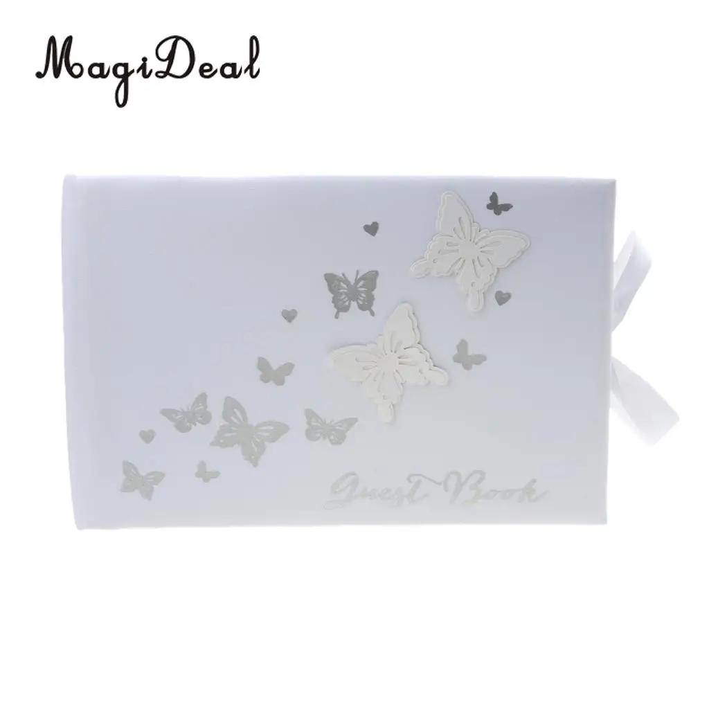 MagiDeal High Quality Wedding Guest Book Butterfly Bowknot White Satin Elegant Ceremony Party Gift for Engagement Party Supplies