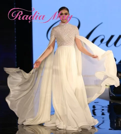 

Elegant White Chiffon Long Muslim Arabic Evening Dress with Cape High Neck Crystal Beaded Dubai Celebrity Prom Formal Dresses