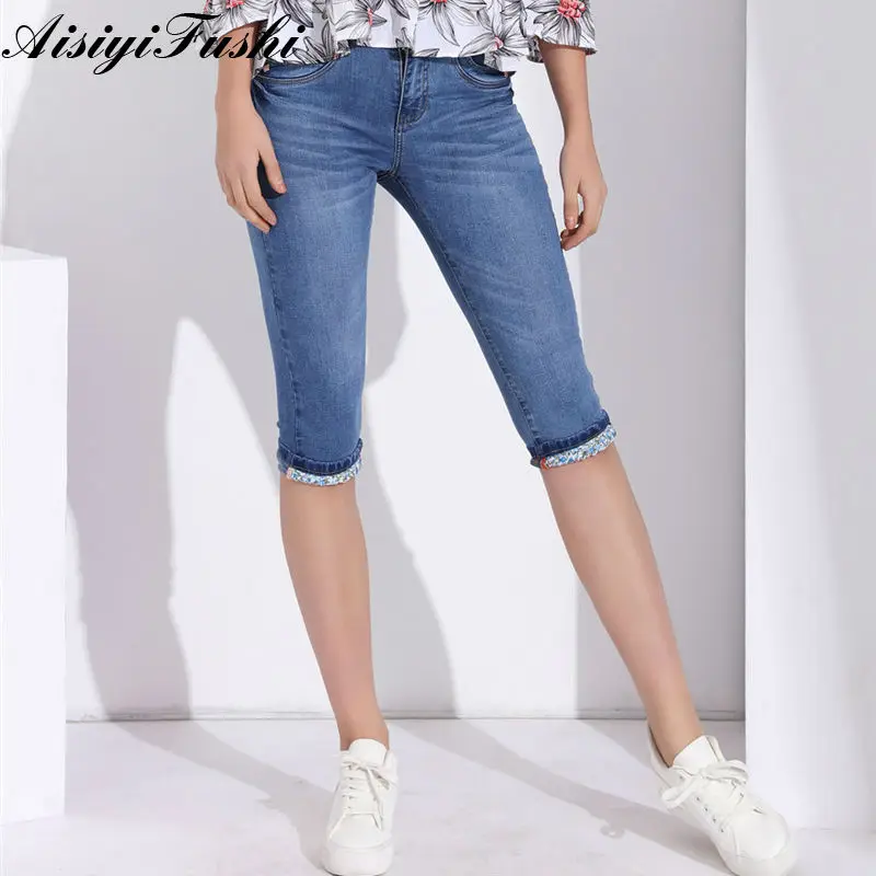 Capris Jeans With Elastic Women'S Knee Length Pants Denim Shorts For Women Clothes Plus Size