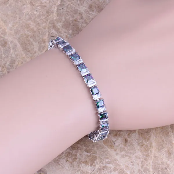 

Rainbow Mystic & White CZ 925 Sterling Silver Link Chain Bracelet 7 inch S0310