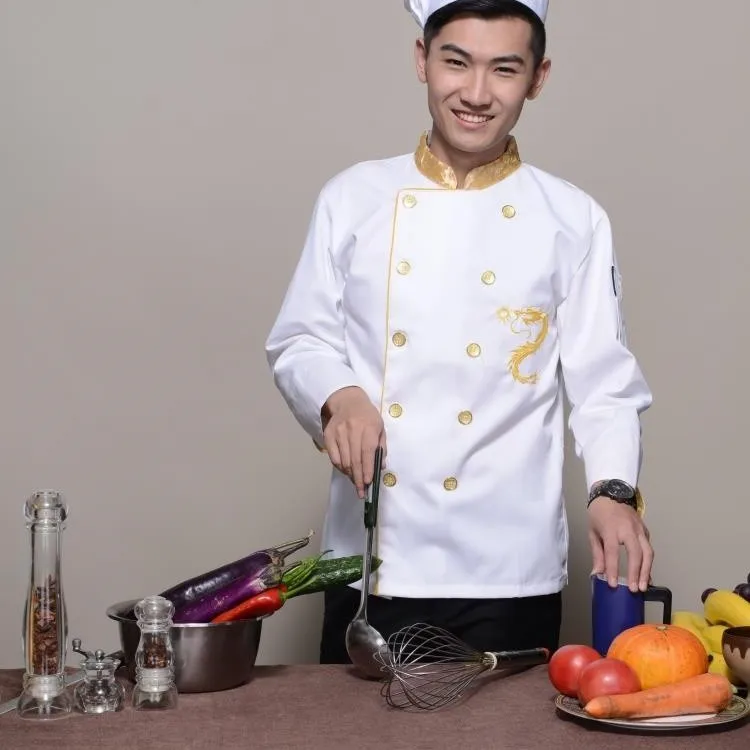 Еда обслуживание форма для шеф-повара куртка китайский дракон Печати Ресторан униформы для официантов мужчины китайский униформа для