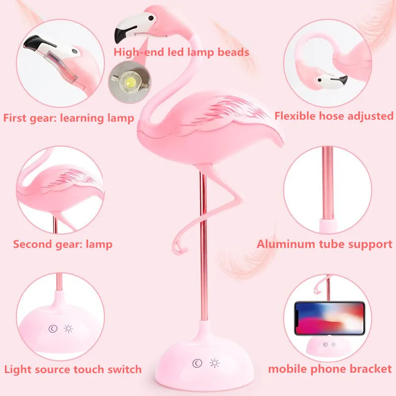 

Hot Sale Pink Flamingo USB Charge Led Reading Light Touch Switch Dimming Phone Holder Table Night Light Lamp Gifts for Birthday