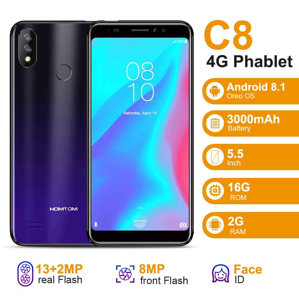 

HOMTOM C8 4G Smartphone 5.5 inch Android 8.1 MTK6739 Quad Core 1.3GHz 2GB RAM 16GB ROM 13.0MP 2.0MP Rear Camera Mobile Phone