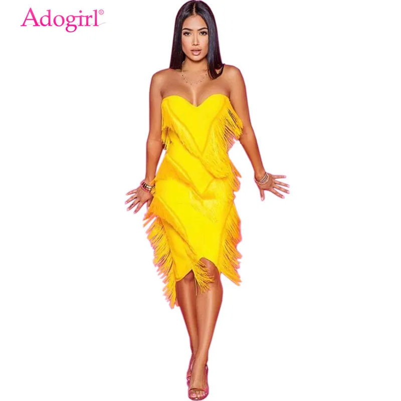 

Adogirl Solid Tassel Strapless Evening Party Dress Women Sexy Sweetheart Backless Bodycon Midi Club Dress Performance Outfits