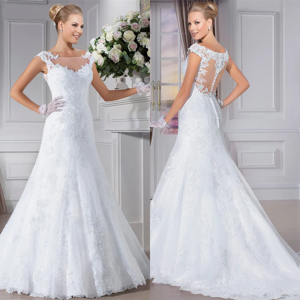 

Free Shipping romantic white lace shoulders lace applique wedding dress long train bridal dress vestidos de noivas 2015 H09