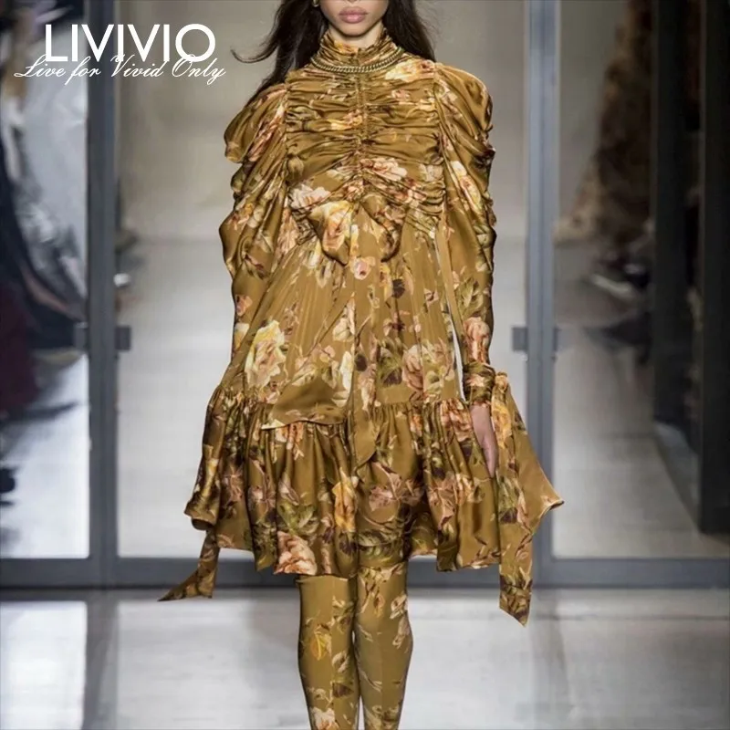 

[LIVIVIO] Vintage Print Dress For Women Stand Long Sleeve High Waist Ruched Bandage Mini Dresses Female Fashion 2019 New