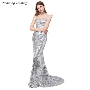 

Sliver Sequined 2019 Cheap Bridesmaid Dresses Under 50 Mermaid Sweetheart Long Robe Demoiselle D'Honneur Wedding Guest Gowns
