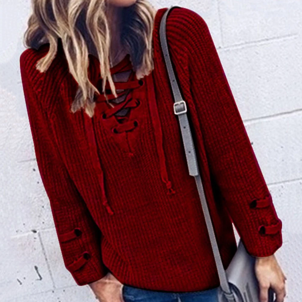 

Sexy Bandage Strapless V-Neck Long Sleeve Knit Pullover Sweater Women Burgundy Harajuku Autumn Winter Streetwear Plus Size New