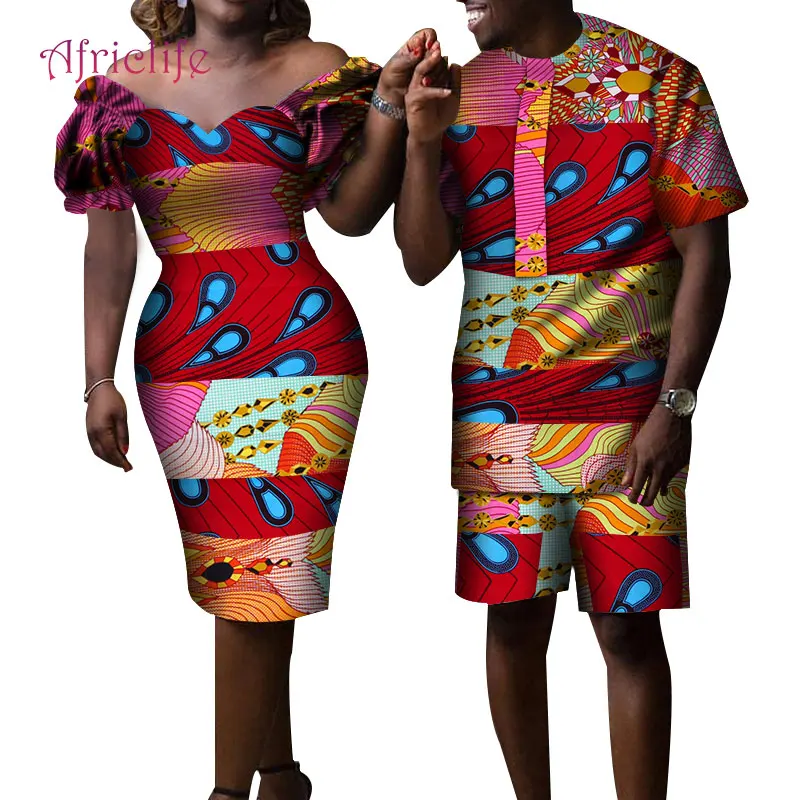 Африканская парная одежда женское платье Мужская рубашка комплект Базен Африканский принт с открытыми плечами платья до колен Одежда для влюбленных WYQ229