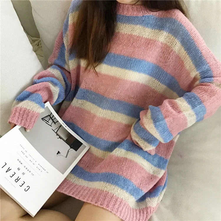 Корейский зимний женский милый Цветной полосатый Свободный вязаный свитер с длинными рукавами Повседневный женский длинный свитер