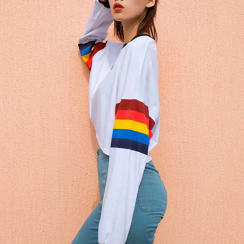 Woherb Harajuku футболка с длинным рукавом для женщин Tumblr укороченный топ Женская футболка с радугой уличная одежда Camiseta Feminina 20206