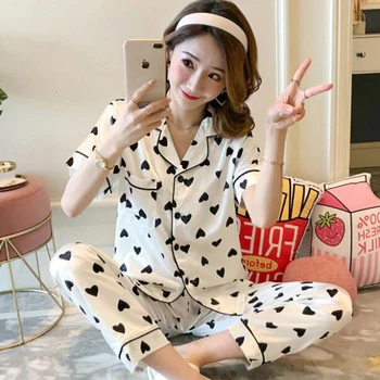 

KISBINI Summer Women's Pajamas Set Silk Satin XXL Heart Print T-shirt+Pants Suit Lady Sleepwear Homewear Women Silk Pyjamas