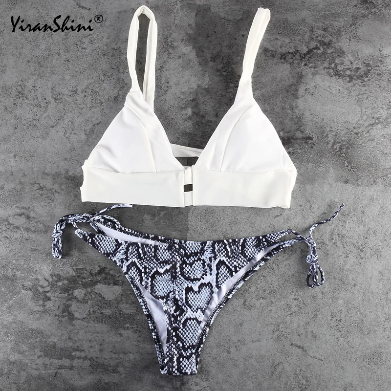 

YIRANSHINI Female Low Waist Sexy Backless Brazilian Bikinis Beach Biquinis 2018 Printed White Sexy Bandage Bikini Set Push Up