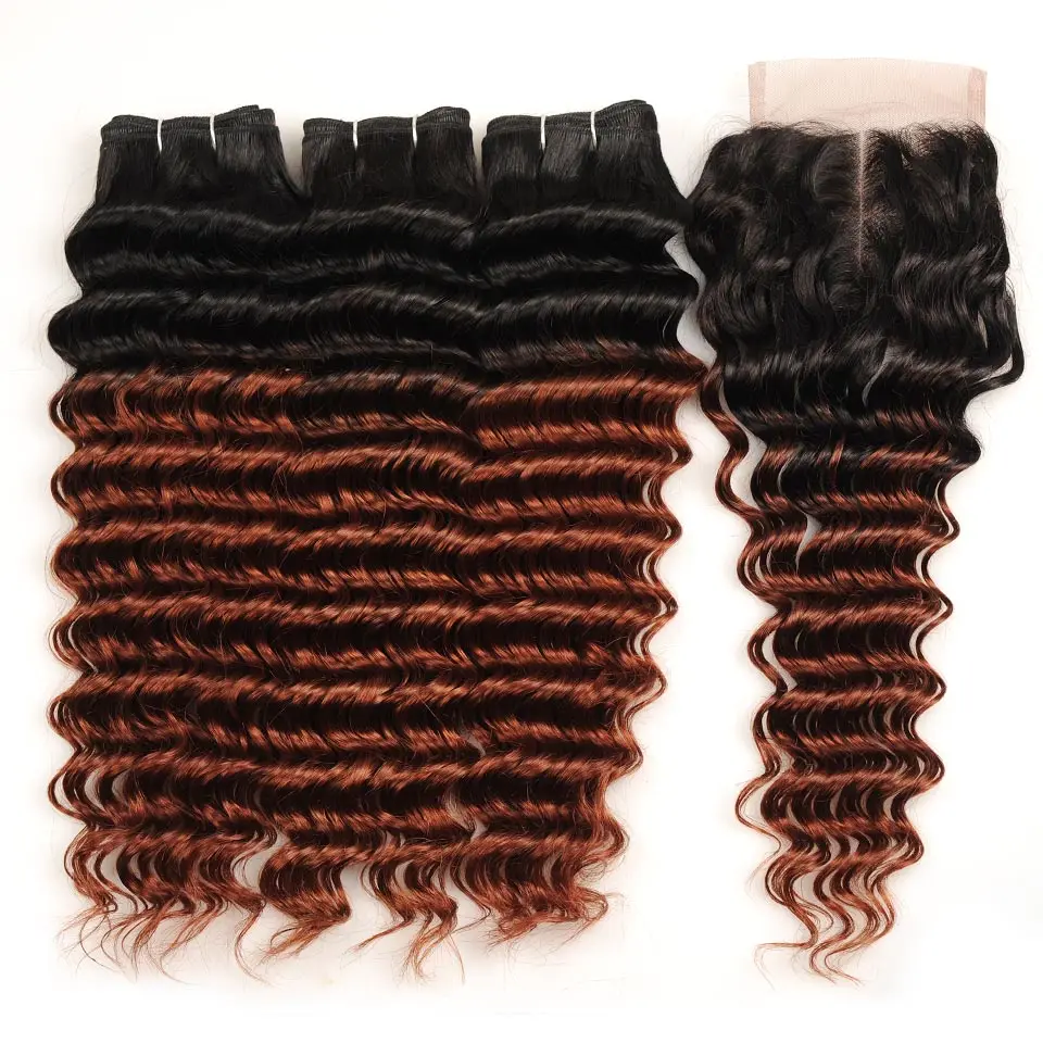Pinshair глубокая волна Омбре бразильские волосы 3 пучка s с закрытием коричневый красный 1B/33 человеческие волосы переплетения пучок с закрытием шнурка NonRemy